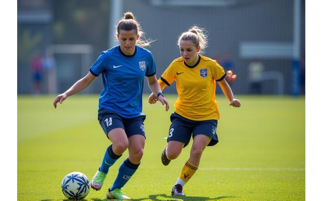 Jogadoras de futebol feminino a treinar em campo, com energia e foco