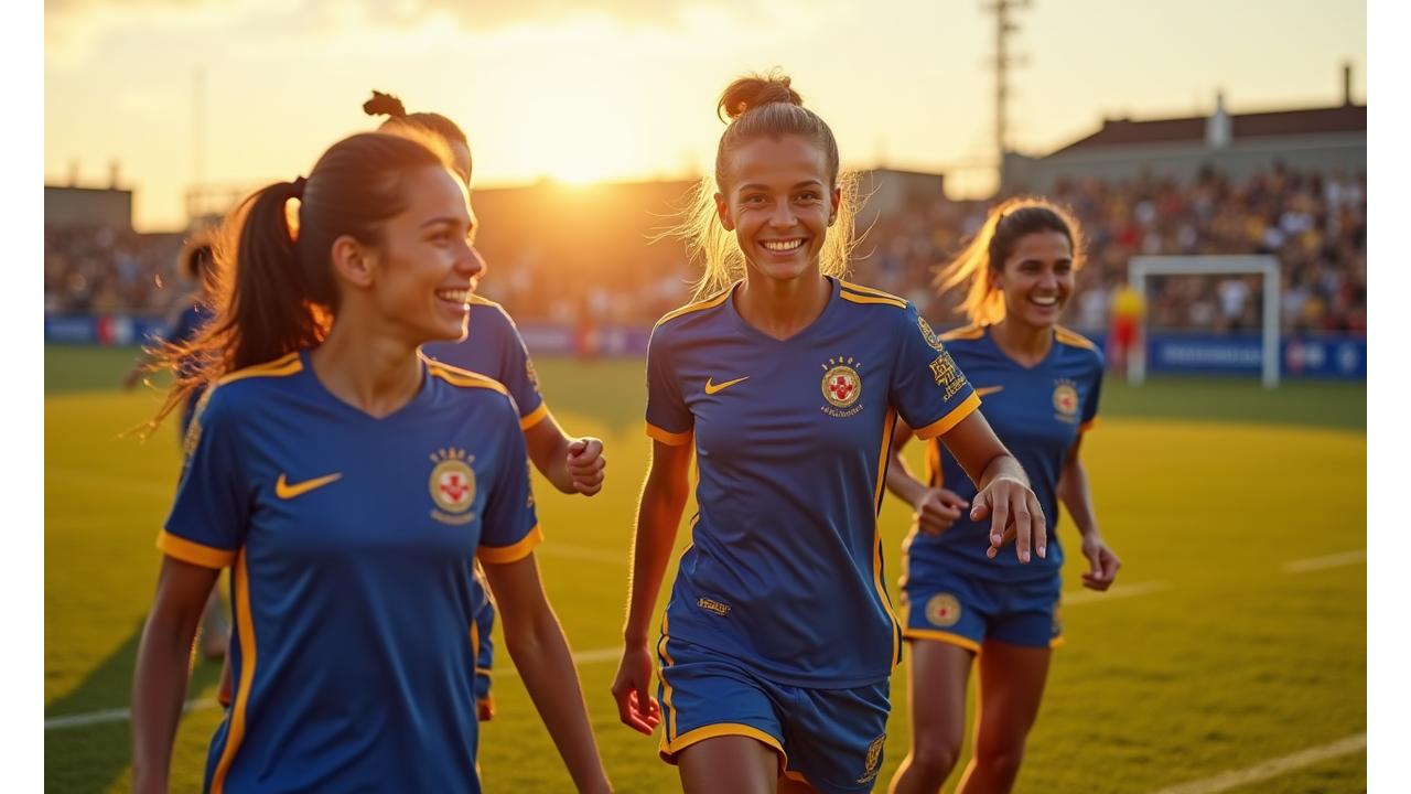 Jovens futebolistas celebrando num campo de futebol moderno, com bandeira portuguesa ao fundo