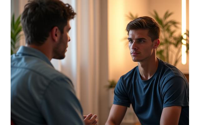 Psicólogo desportivo a conversar com jovem atleta em sala de consulta