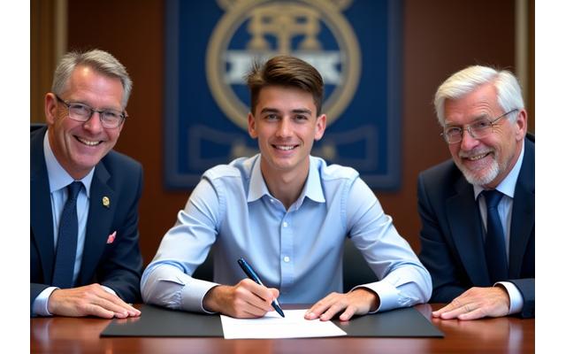 Jovem atleta a assinar contrato profissional num escritório, com dirigentes do clube