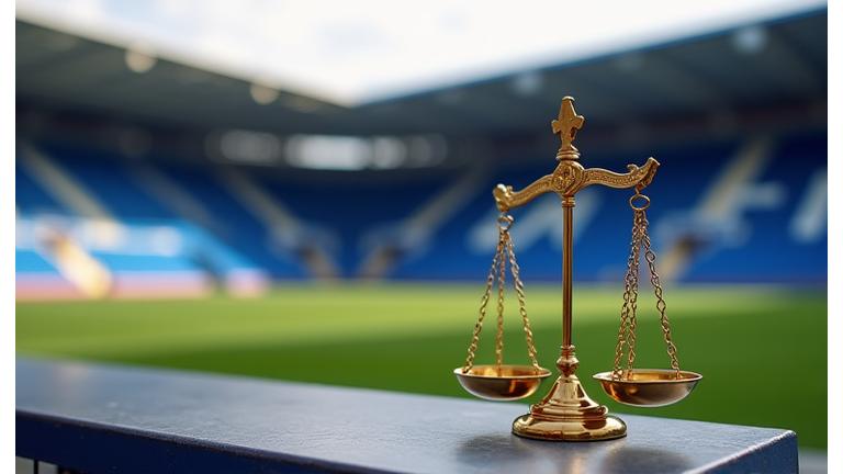 Balança da justiça num fundo desfocado de um campo de futebol, simbolizando o equilíbrio e a limitação de responsabilidade.