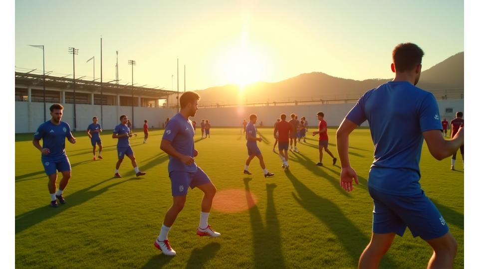 Uma equipa de futebol profissional a treinar no campo, simbolizando a seriedade e as condições de formação da academia.